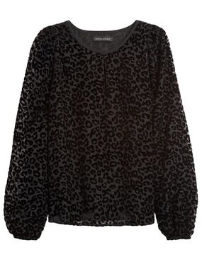 NWT Banana Republic Blouse Velvet Burnout Puff Sleeve Animal Print Black M Tall